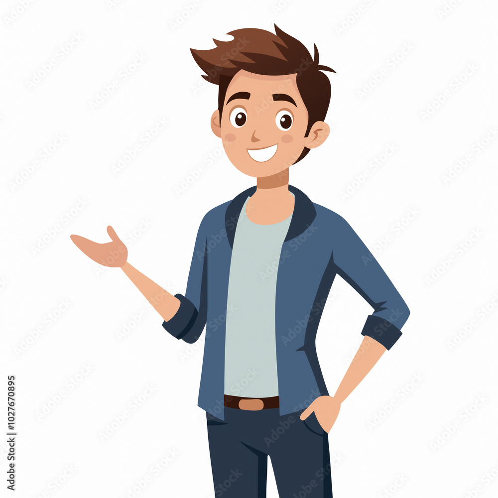 Young Casual Man Presentation Pose Cartoon Design for Graphics Ads, Posters, Banners, and T-Shirt Printing Young Casual Man Presentation Pose Cartoon Design for Graphics Ads, Posters, Banners, and T-Shirt Printing