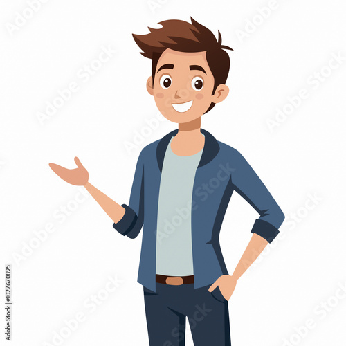 Young Casual Man Presentation Pose Cartoon Design for Graphics Ads, Posters, Banners, and T-Shirt Printing