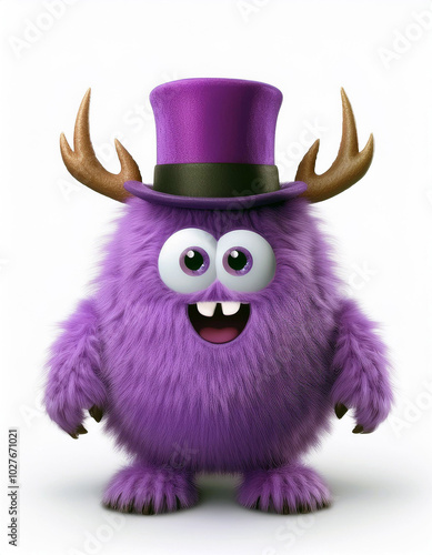 Cute purple monster character wearing top hat and antlers