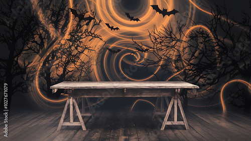 Spooky Halloween background with orange and black colors, perfect for product displays. 
