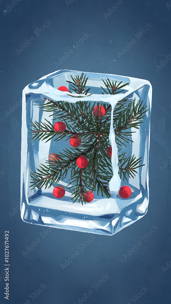 Obraz premium Frozen pine branch with red berries in ice cube, winter holiday concept. 