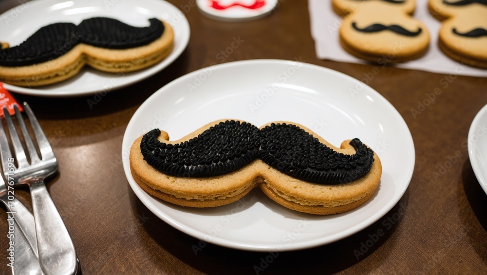 A mustache-shaped cookie on a plate at a Movember fundraising bake sale A mustache-shaped cookie on a plate at a Movember fundraising bake sale