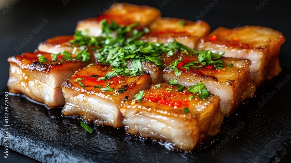 Delicious Cubes of Grilled Pork Belly with Garnish Delicious Cubes of Grilled Pork Belly with Garnish