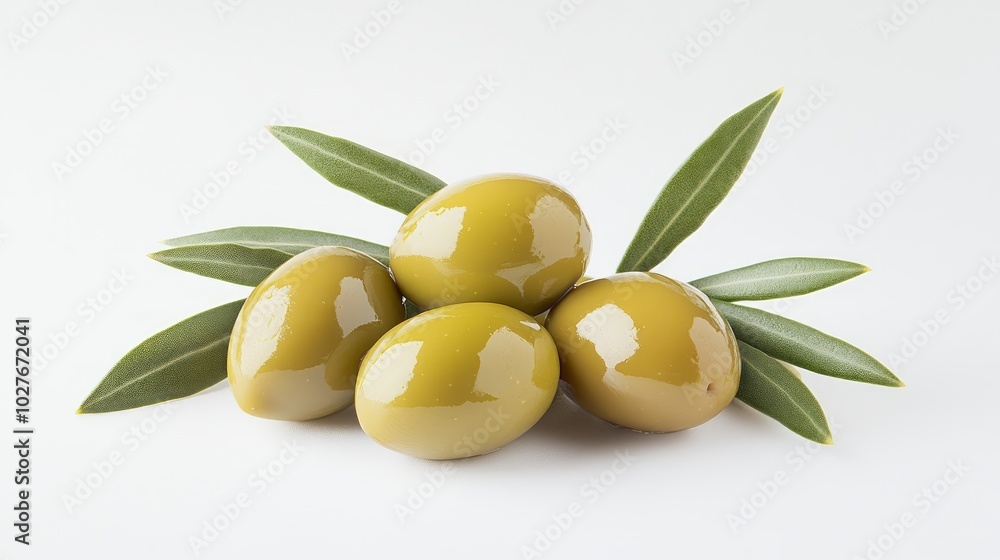 Four green olives with leaves, isolated on white background. Four green olives with leaves, isolated on white background.