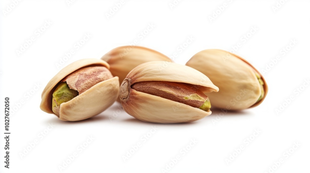 Four pistachio nuts with shells open, revealing the green kernels, isolated on a white background. Four pistachio nuts with shells open, revealing the green kernels, isolated on a white background.