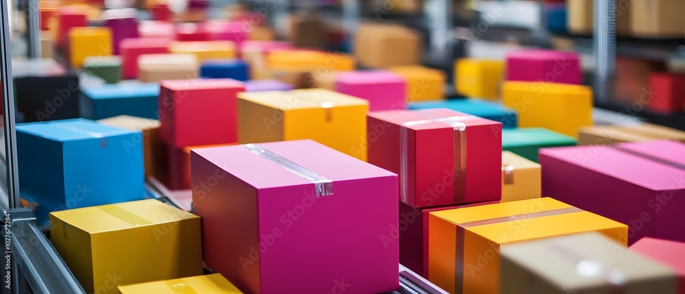Vibrant collection of colorful boxes arranged neatly in a warehouse, showcasing diverse shapes and sizes for storage and shipping. Vibrant collection of colorful boxes arranged neatly in a warehouse, showcasing diverse shapes and sizes for storage and shipping.