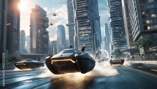 A futuristic chase scene with hovercrafts flying through a maze of skyscrapers as the pursuer closes in photo