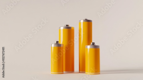 Four yellow AA batteries arranged in a row on a white background. photo