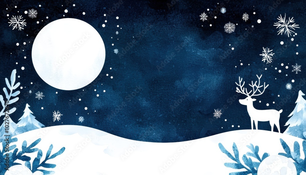 Naklejka premium Winter landscape with reindeer and moon.