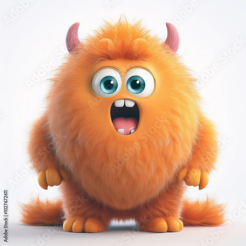 Cute orange furry monster with horns and big eyes