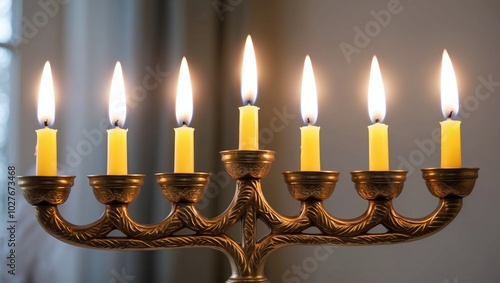 Close-up of a beautifully decorated menorah with all eight candles lit on the final night of Hanukkah photo