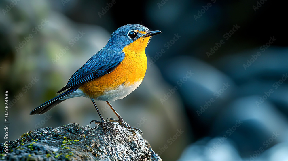 A colorful bird perched on a rock by water. A colorful bird perched on a rock by water.