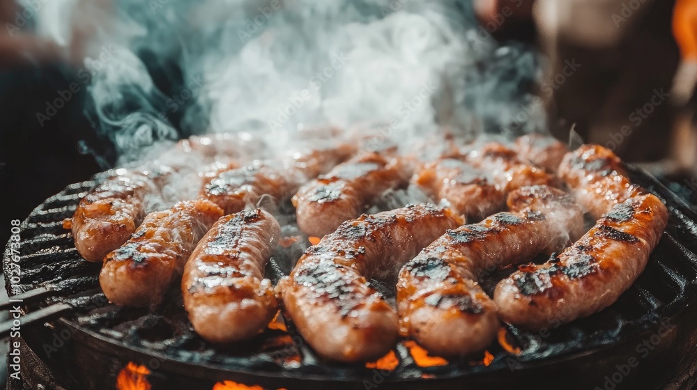 Grilling Juicy Sausages on a Smoke-filled Barbecue Grilling Juicy Sausages on a Smoke-filled Barbecue