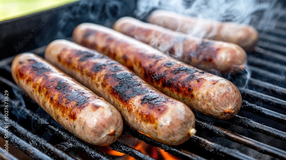 Grilled Sausages on a BBQ Grill with Smoke Grilled Sausages on a BBQ Grill with Smoke