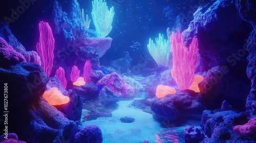 A neon-lit underwater landscape with glowing coral, rocks, and strange shapes creating an ethereal, otherworldly scene