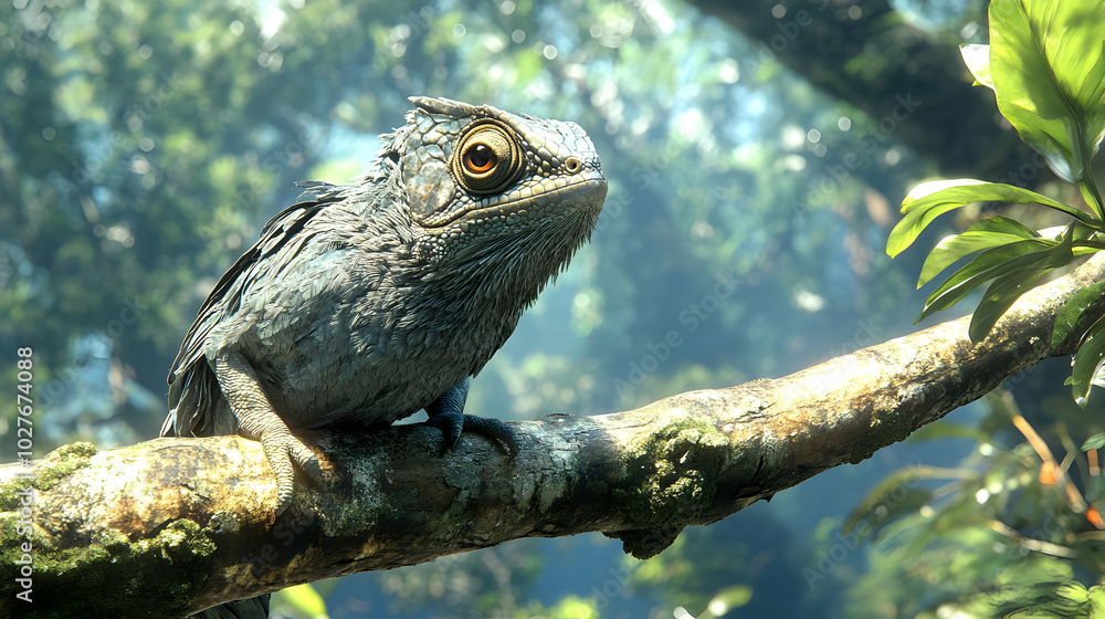 Gray Lizard on a Branch in the Forest 3D Illustration Gray Lizard on a Branch in the Forest 3D Illustration