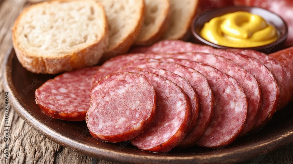 Sliced Sausage with Bread and Mustard on Plate Sliced Sausage with Bread and Mustard on Plate