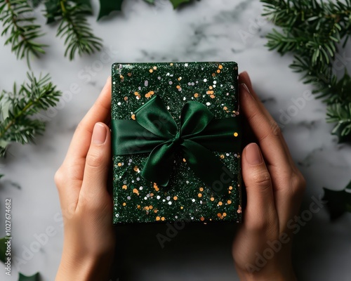 Hands holding a festive gift box photo