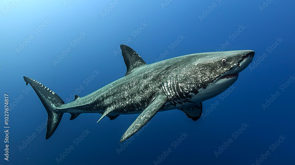 Naklejka premium A majestic shark swimming in deep blue waters.