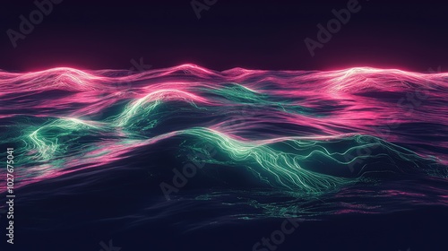 Abstract neon lines flowing through the water like currents, casting glowing green and pink reflections on the sea floor photo