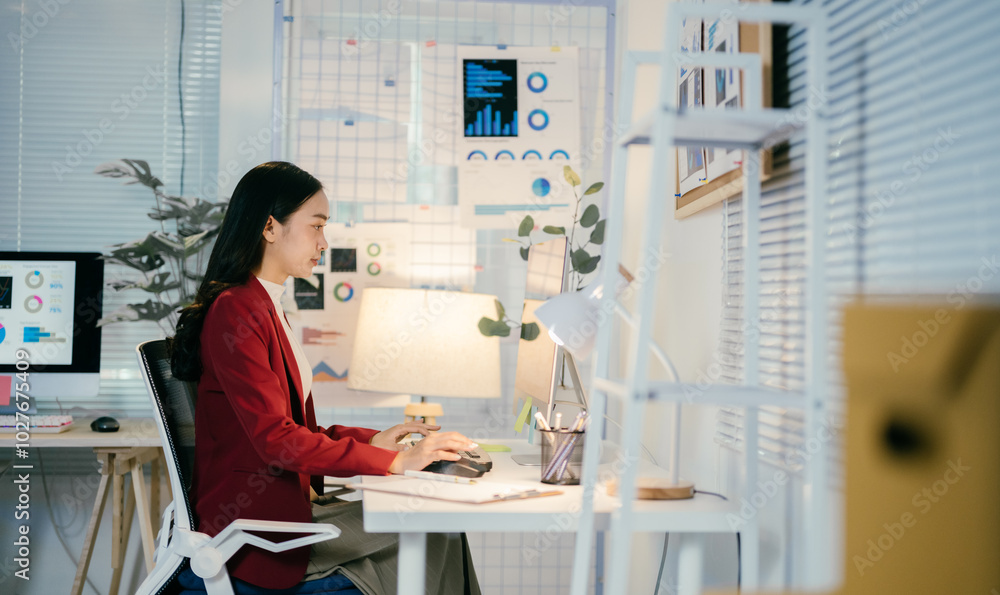Obraz premium Asian businesswoman wearing a red suit is working late at night typing on her computer keyboard. Her modern office has inspirational pictures and graphs on the walls