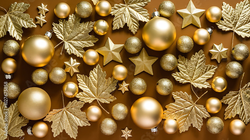 Golden Christmas ornaments and leaves on brown background. Luxury holiday decorations. 
