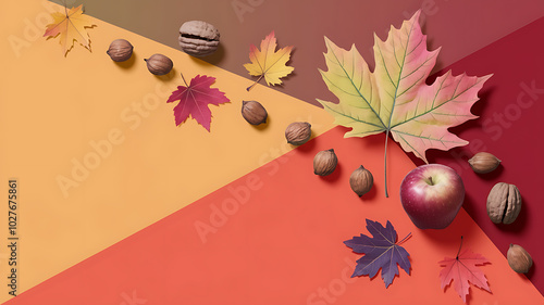 Autumn leaves, nuts and apple on colorful background, perfect for Thanksgiving and fall designs. 
