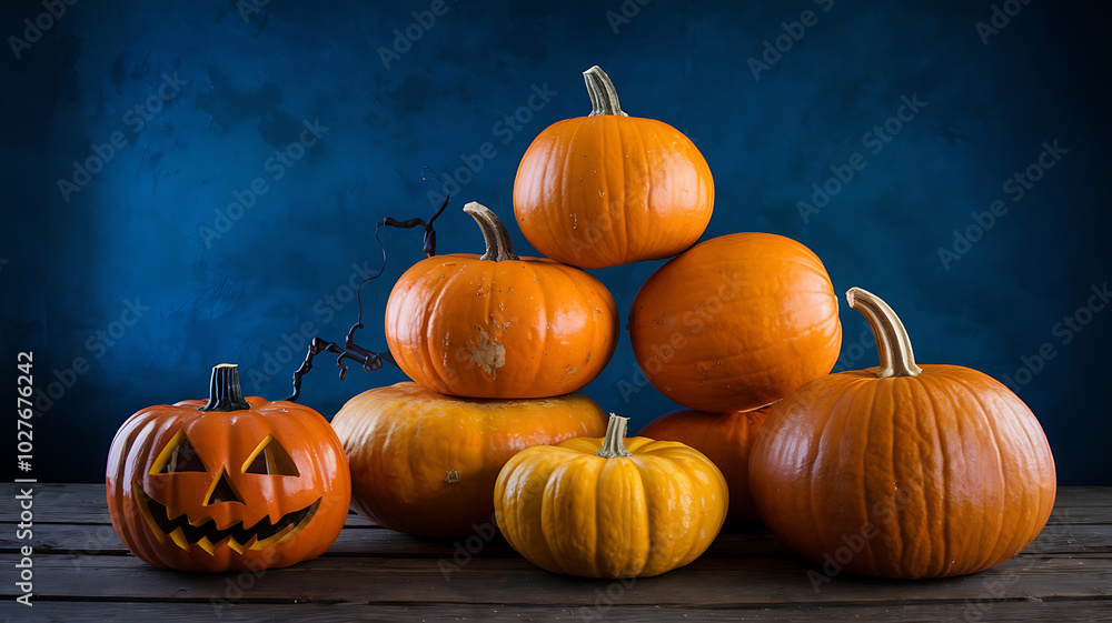 Orange pumpkins on a wooden table with a blue background, Halloween decorations.
Orange pumpkins on a wooden table with a blue background, Halloween decorations.