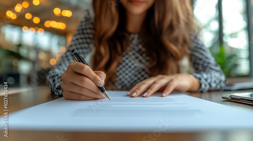 businesswoman’s hand points decisively at a document, symbolizing focus and determination. Her attention to detail emphasizes professionalism and the drive for success in the corporate world photo