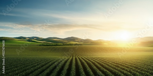 A picturesque view of green, orderly fields stretching towards gently rolling hills, illuminated by the golden hues of a serene sunrise in a rural setting.