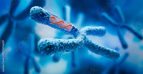 X Chromosome with DNA strand inside with blue background - medical science and biotechnology background - 3d illustration