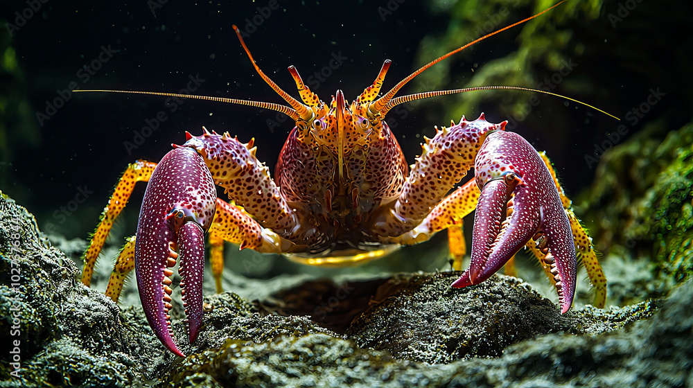 A vibrant lobster in an underwater setting. A vibrant lobster in an underwater setting.