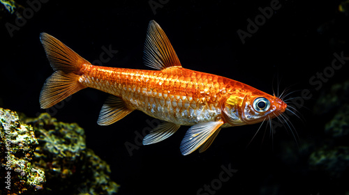 A vibrant orange fish swimming in dark waters.