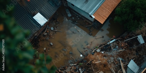 An aerial view showcasing a flood-hit courtyard filled with muddy water and scattered debris, highlighting the chaos caused by recent heavy rainfall. photo