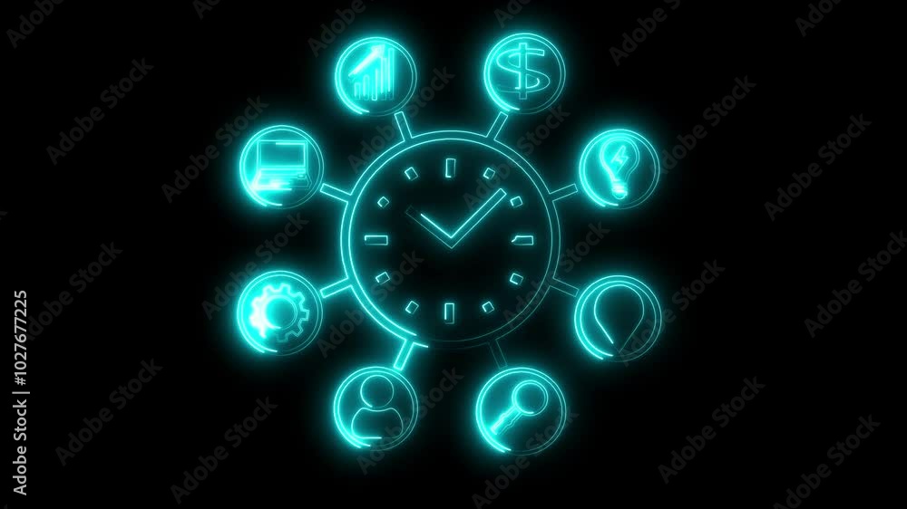 Glowing neon Clock and technology icon isolated on wall background. Time Management symbol. Business concept. Hub and spokes and clock solid icon. Vector Illustration Glowing neon Clock and technology icon isolated on wall background. Time Management symbol. Business concept. Hub and spokes and clock solid icon. Vector Illustration