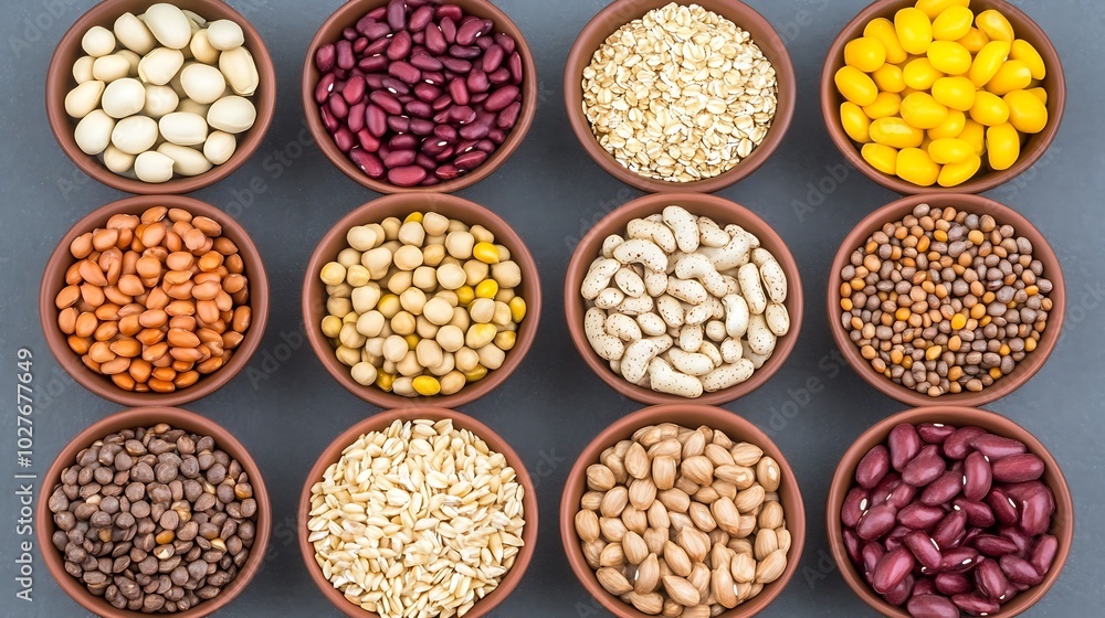 Assortment of various beans, grains, and legumes in small bowls on a gray background. Assortment of various beans, grains, and legumes in small bowls on a gray background.