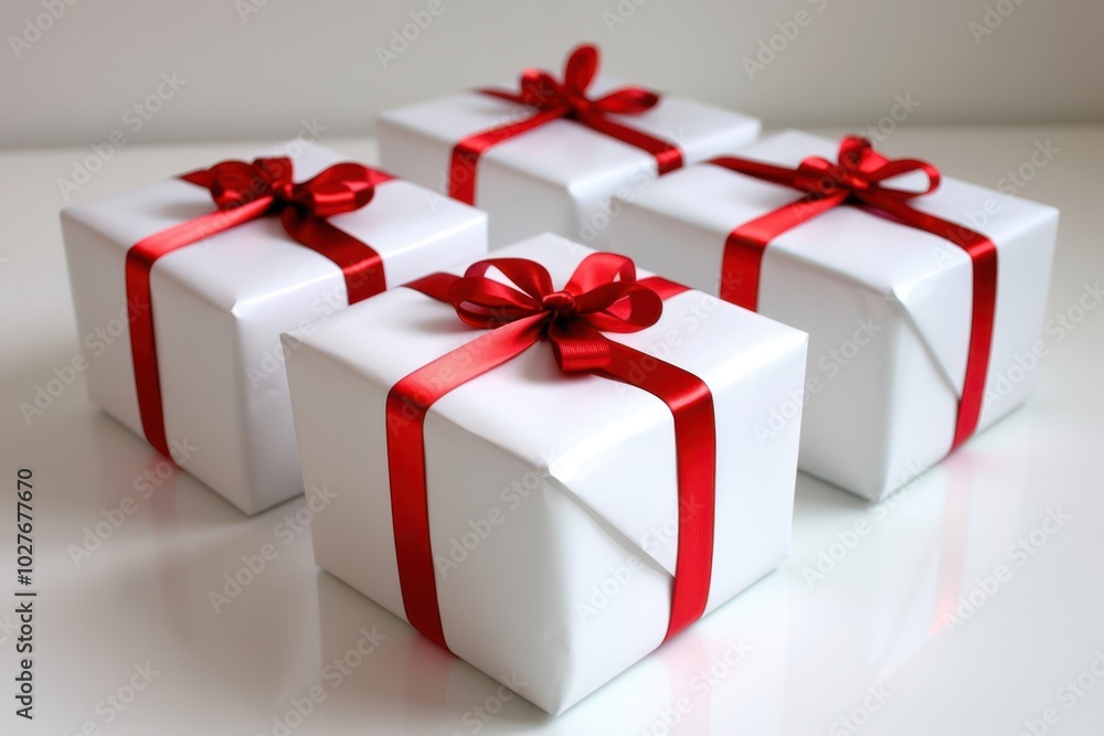 Fototapeta premium four white gift boxes with red ribbons on a white surface