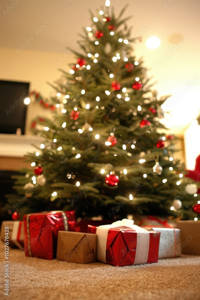 a christmas tree is shown in a living room a christmas tree is shown in a living room