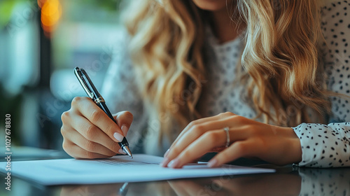 businesswoman’s hand points decisively at a document, symbolizing focus and determination. Her attention to detail emphasizes professionalism and the drive for success in the corporate world photo