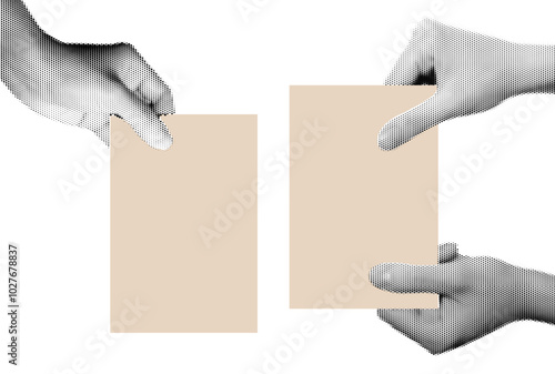 Halftone image of hands holding paper. Pop art retro style illustration