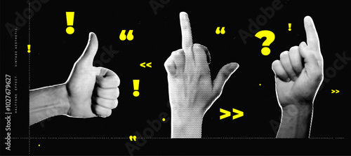 Set of halftone images of hands. Pop art retro style illustration