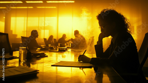 businesswoman’s hand points decisively at a document, symbolizing focus and determination. Her attention to detail emphasizes professionalism and the drive for success in the corporate world photo