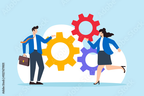 Flat illustration of businessman and businesswoman work together on gear cogwheel representing teamwork and employee collaboration for success