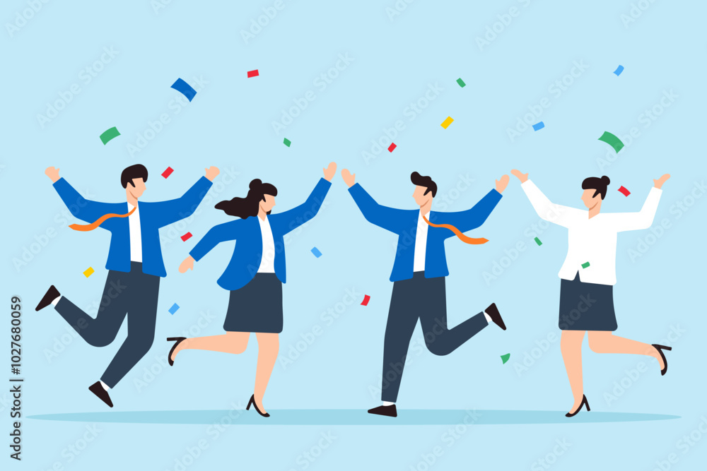Flat illustration of diverse office workers jump to celebrate work achievement together representing joy and success Flat illustration of diverse office workers jump to celebrate work achievement together representing joy and success