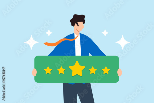 Flat illustration of adult customer holds 5 stars rating representing positive client feedback and customer satisfaction
