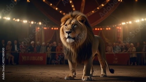 A majestic lion stands in a dimly lit circus tent, a crowd of spectators in the background.