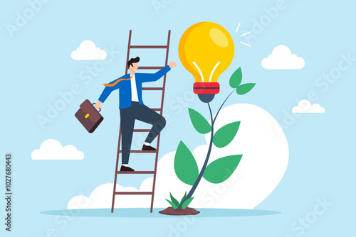 Flat illustration of businessman climbs ladder to reach lightbulb and growing plant symbolizing creativity and personal development
