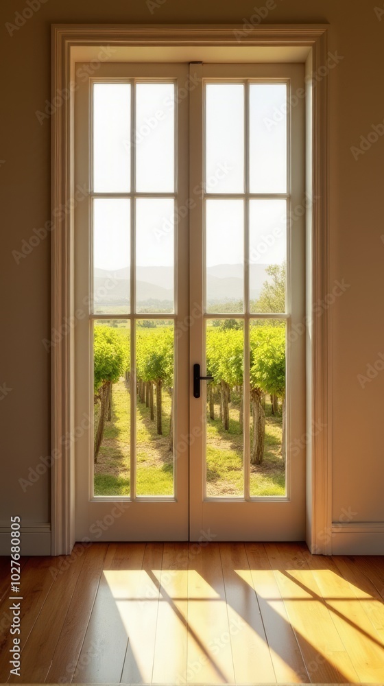 Fototapeta premium View From an Interior Space Through a Tall, Rectangular Window With Multiple Panes, Revealing a Vibrant Vineyard Scene.