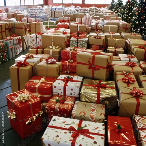 many boxes of presents are stacked in a warehouse