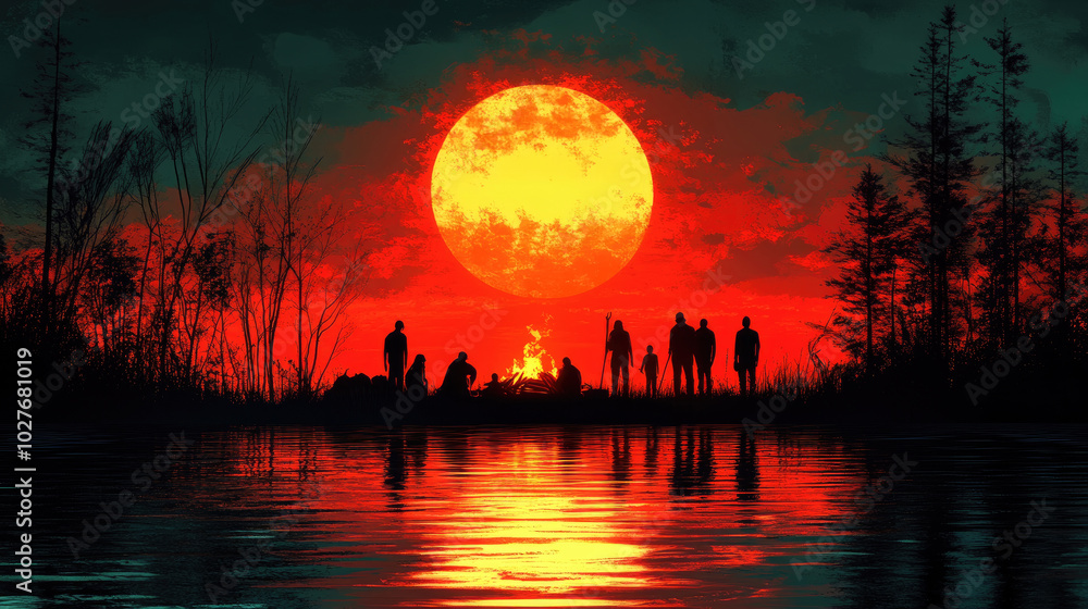 Silhouettes of people gather around a glowing campfire by a lake under a striking red sunset with a large moon illuminating the scene Silhouettes of people gather around a glowing campfire by a lake under a striking red sunset with a large moon illuminating the scene